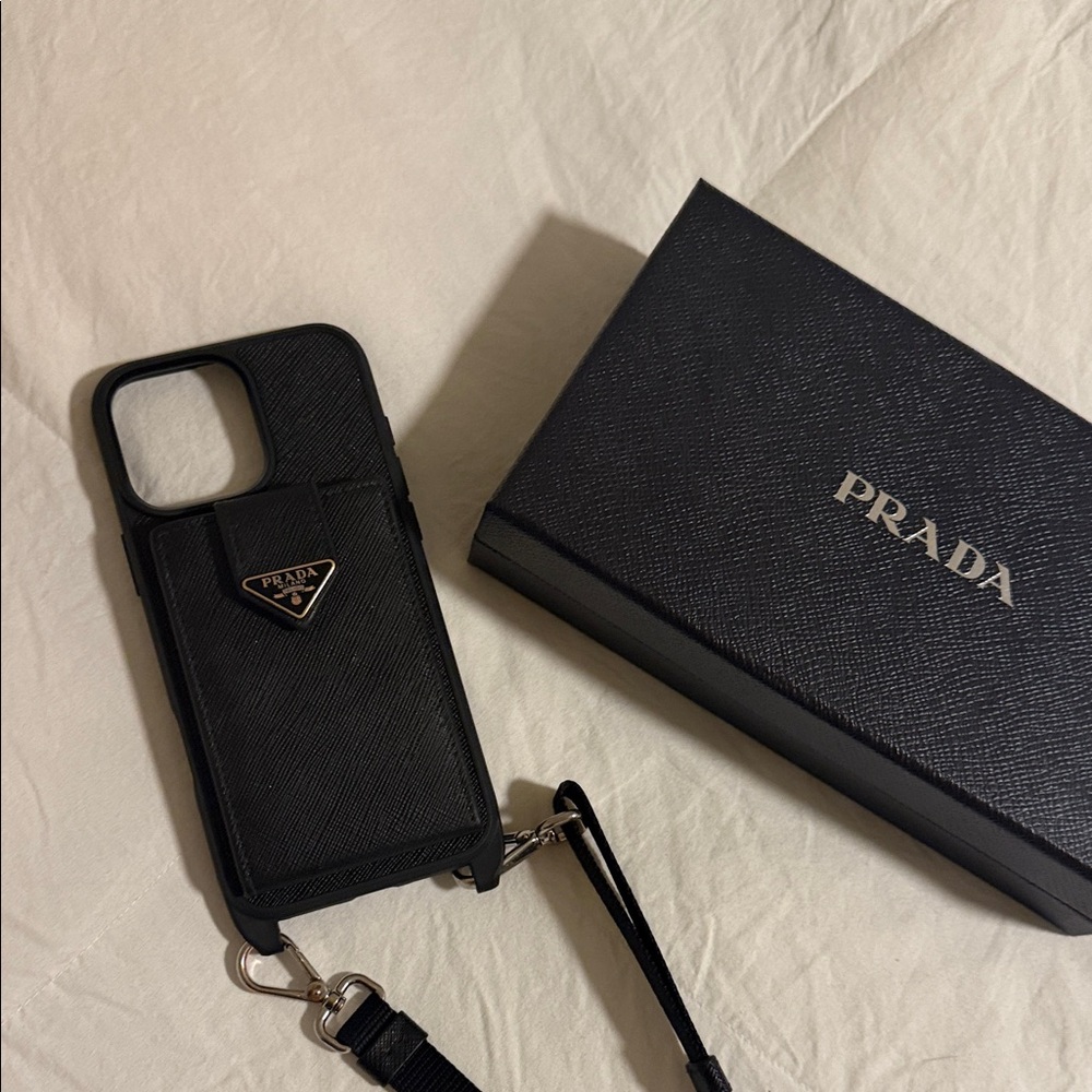 Prada Black Textured iPhone 16 pro max Case with Strap